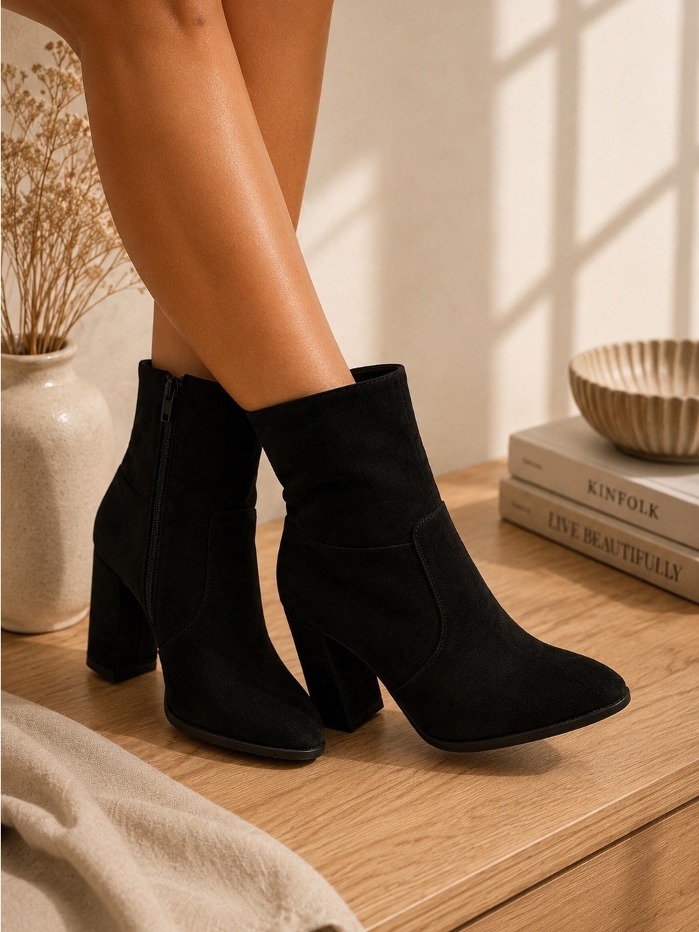 Chic Black Suede Heeled Boots